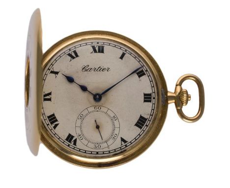 A RARE 18K SOLID GOLD CARTIER HALF HUNTER&nbsp;POCKET WATCH 
CIRCA 1930 IN ORIGINAL CARTIER BOX 
D: Silver dial with Roman nu