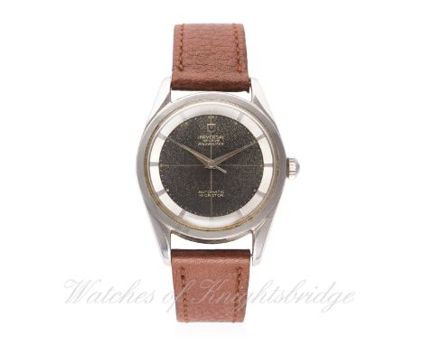 A GENTLEMAN`S STAINLESS STEEL UNIVERSAL GENEVE POLEROUTER WRIST WATCH CIRCA 1960s WITH "TROPICAL" DIAL D: Black cross hair di