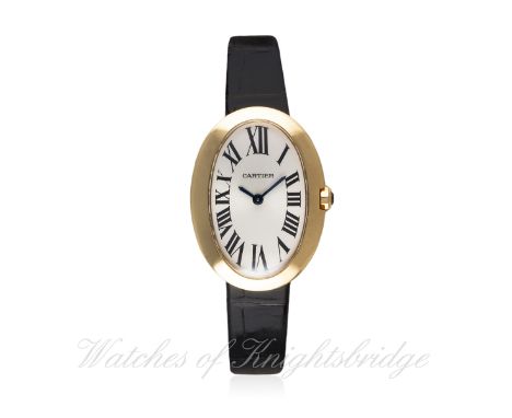 A LADIES 18K SOLID GOLD CARTIER BAIGNOIRE WRIST WATCH CIRCA 2010  D: Silver dial with Roman numerals, secret signature at X. 