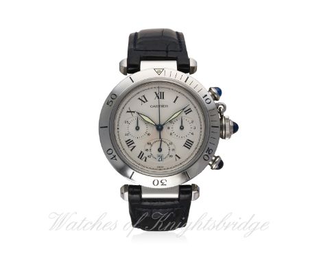 A GENTLEMAN'S STAINLESS STEEL CARTIER PASHA CHRONOGRAPH WRIST WATCH CIRCA 2000s, REF. 1050 1 D: Silver dial with Roman numera