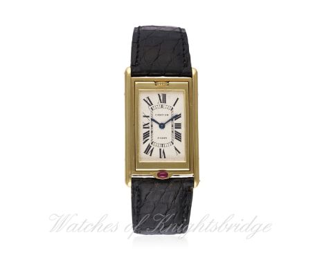 A FINE & RARE GENTLEMAN`S 18K SOLID GOLD CARTIER TANK BASCULANTE WRIST WATCH DATED 1994, REF. 017-91 D: Silver guilloche dial