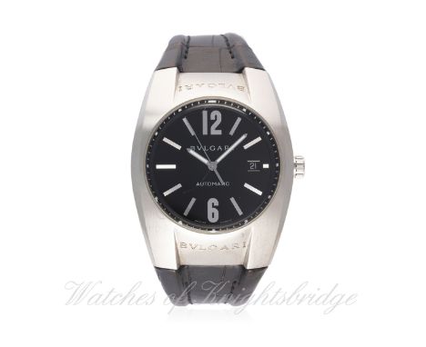 A GENTLEMAN`S STAINLESS STEEL BULGARI ERGON WRIST WATCH CIRCA 2006, REF. EG 40 S D: Black dial with large raised silver Arabi