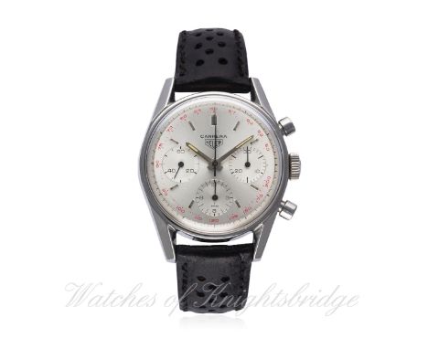 A RARE GENTLEMAN'S STAINLESS STEEL HEUER CARRERA CHRONOGRAPH WRIST WATCH CIRCA 1960s, REF. 2447T
D: Silver dial with silver b