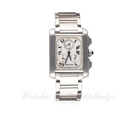 A GENTLEMAN'S STAINLESS STEEL CARTIER TANK FRANCAISE CHRONOGRAPH BRACELET WATCH CIRCA 2004, REF. 2303 D: Silver dial with bla