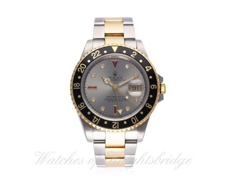 A RARE GENTLEMAN'S STEEL & GOLD ROLEX OYSTER PERPETUAL DATE GMT MASTER II BRACELET WATCH DATED 2003, REF. 16713 "SERTI" DIAL,