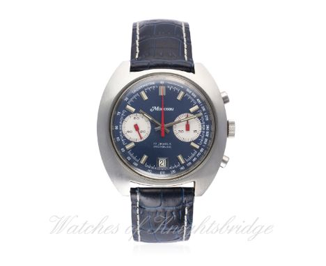 


A GENTLEMAN&rsquo;S STAINLESS STEEL MONCEAU CHRONOGRAPH WRIST WATCH
CIRCA 1970s
D: Blue dial with luminous inlaid silver b