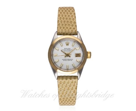 A LADIES STEEL &amp; GOLD ROLEX OYSTER PERPETUAL DATEJUST WRIST WATCH CIRCA 1971, REF. 6917 D: White dial with luminous fille