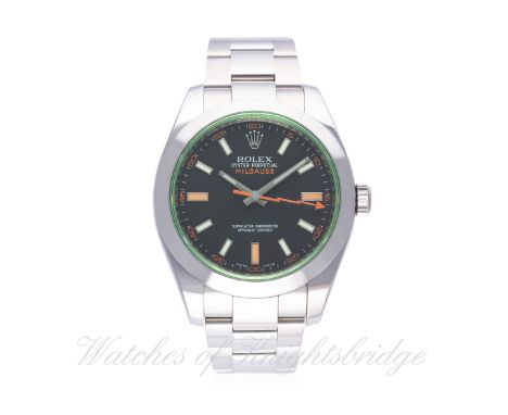 A GENTLEMAN'S STAINLESS STEEL ROLEX OYSTER PERPETUAL "GREEN GLASS" MILGAUSS BRACELET WATCH DATED 2009, REF. 116400GV WITH BOX