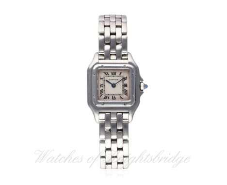 A FINE LADIES STAINLESS STEEL CARTIER PANTHERE BRACELET WATCH CIRCA 1990s, REF. 1320 D: Silver dial with black Roman numerals