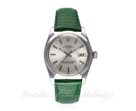 A GENTLEMAN'S STAINLESS STEEL ROLEX OYSTER PERPETUAL DATE WRIST WATCH CIRCA 1972, REF.1500 D: Silver dial with silver batons,