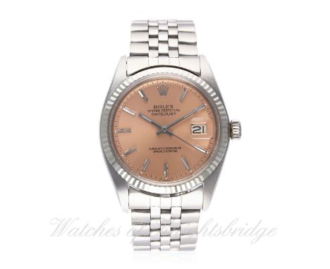 A GENTLEMAN'S STEEL &amp; WHITE GOLD ROLEX OYSTER PERPETUAL DATEJUST BRACELET WATCH CIRCA 1969, REF. 1601 D: Salmon pink dial