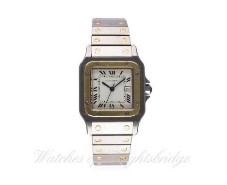 A GENTLEMAN'S STEEL & GOLD CARTIER SANTOS AUTOMATIC BRACELET WATCH CIRCA 1990s D: White dial with black Roman numerals, secre