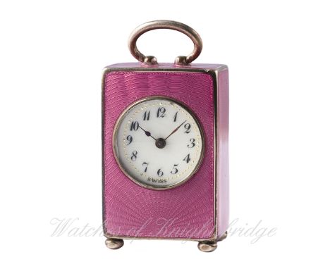 A&nbsp;MINIATURE&nbsp;SOLID SILVER AND PINK GUILLOCHE ENAMEL CONCORD TRAVEL CLOCK CIRCA 1920s, REF. 2814 D: Enamel dial with 