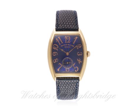 A MID SIZE 18K SOLID GOLD FRANCK MULLER CINTREE CURVEX WRIST WATCH CIRCA 2000, REF. 7500 S6 MM D: Blue guilloche dial with gi