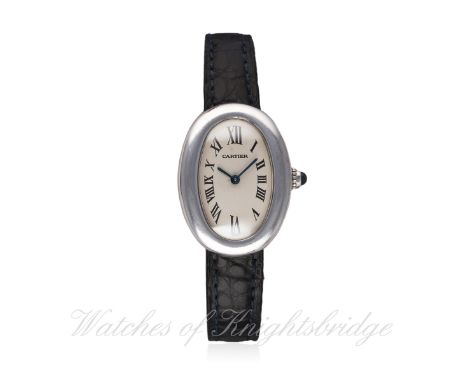 A LADIES 18K SOLID WHITE GOLD CARTIER BAIGNOIRE WRIST WATCH CIRCA 1990s, REF.1955  D: Silver dial with Roman numerals, secret