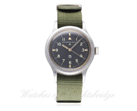 A GENTLEMAN'S STAINLESS STEEL BRITISH MILITARY RAF IWC MARK 11 PILOTS WRIST WATCH DATED 1952
D: Black dial with Arabic numera