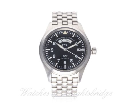 A GENTLEMAN'S STAINLESS STEEL IWC PILOTS UTC DUAL TIME BRACELET WATCH DATED 2001, REF. 3251 WITH BOX &amp; PAPERS D: Black di