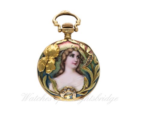A LADIES 18K SOLID GOLD OPEN FACE ART NOUVEAU ENAMEL POCKET WATCH 
CIRCA 1901 
D: White enamel dial with blue Breguet numeral