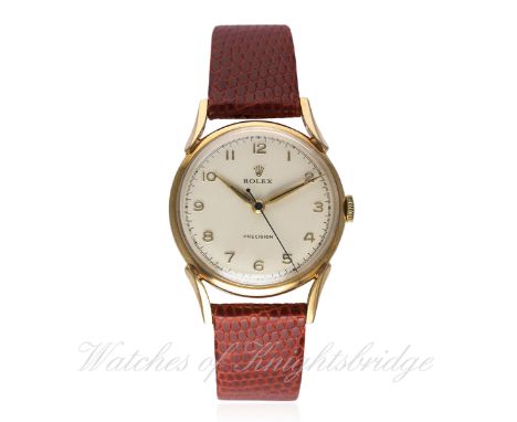 A GENTLEMAN'S 9CT SOLID GOLD ROLEX PRECISION WRIST WATCH CIRCA 1950s D: Silver dial with raised gilt Arabic numerals &amp; "d