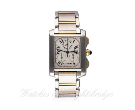 A GENTLEMAN'S STEEL &amp; GOLD CARTIER TANK FRANCAISE CHRONOGRAPH BRACELET WATCH CIRCA 2004, REF. 2303 D: Silver dial with bl