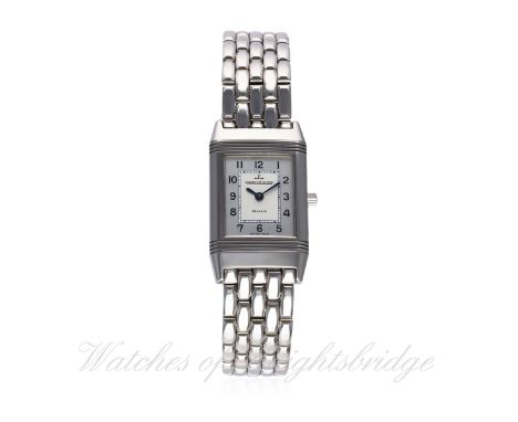 A LADIES STAINLESS STEEL JAEGER LECOULTRE REVERSO BRACELET WATCH CIRCA 2002, REF. 260.8.86 WITH JLC BOX D: Two tone silver di