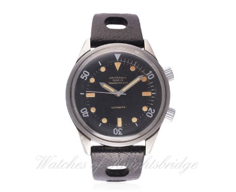 A RARE GENTLEMAN'S STAINLESS STEEL UNIVERSAL GENEVE POLEROUTER SUB DIVERS WRIST WATCH CIRCA 1960s D: Black dial with luminous