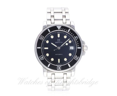 A GENTLEMAN'S STAINLESS STEEL ZENITH RAINBOW DIVERS BRACELET WATCH DATED 2001, REF. 02.0370.462 WITH ORIGINAL PAPERWORK
D: Gl