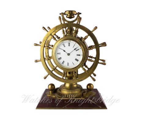 A RARE FRENCH REVOLVING DOUBLE SHIPS WHEEL FUSEE MANTEL CLOCK WITH BAROMETER, THERMOMETER,COMPASS AND CHAFF CUTTER ESCAPEMENT