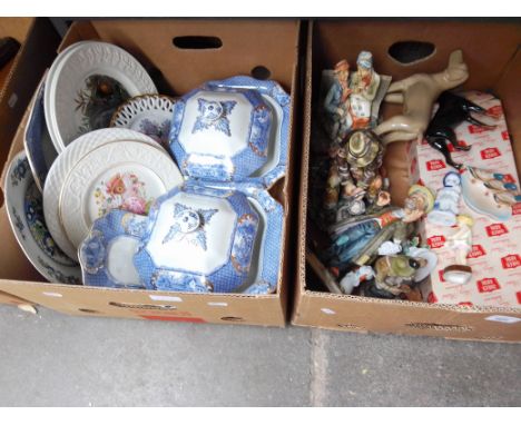 Two boxes of mixed lot of pottery including Birds of America plates, Beswick Dog, a Royal Worcester figure, tureens, Capodimo