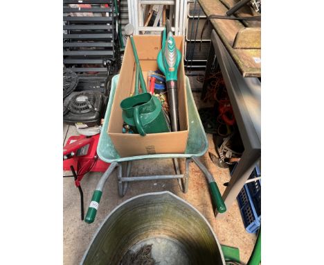 Wheelbarrow and box with watering can, a Bosch cordless blower, garden tools, cable reel, etc. 