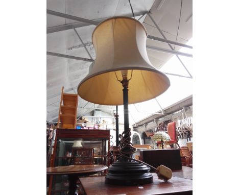 A brass and pottery column table lamp with shade, height 65cm. 