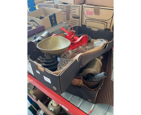 A mixed lot comprising kitchen scales, military knife, glass salt cellars, blowlamp, live steam model, hand tools, metalware 