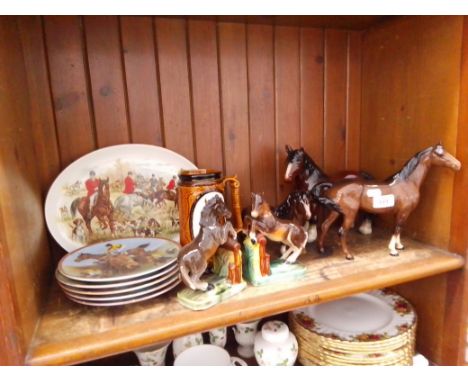 Equestrian interest items - 3 horses (2 by Royal Doulton), pair of bookends, 5 plates by Royal Worcester - ‘Great Racehorses’