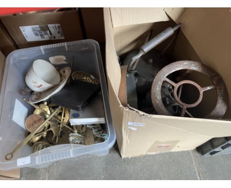2 boxes of metal-ware to include brass, fire irons, toasting fork, kettle, stove, chestnut roaster, etc. 