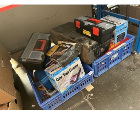 2 boxes + 1 wooden toolbox of various tools, plane, woodworking, etc. 