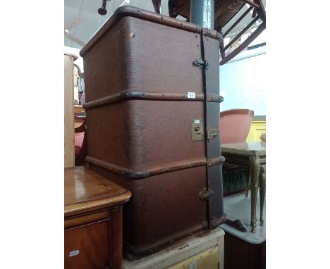 A vintage beech bound travel trunk.