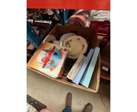 A mixed lot of pottery, glass and collectables including an oak cased mantel clock, Wallace & Gromit motorbike & sidecar mode