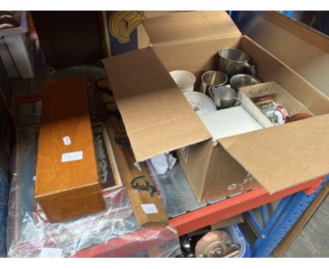 A box of military memorabilia together with some treen and 2 vintage jigsaws. 
