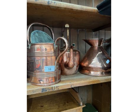 3 copper items ; a kettle, pitcher / jug and watering can. 