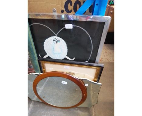 An art deco style mirror and two others, together with a signed print. 