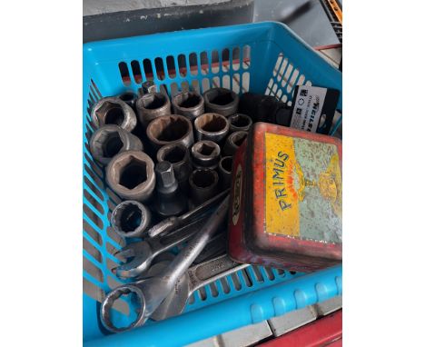 A box of garage tools and a small Primus stove. 