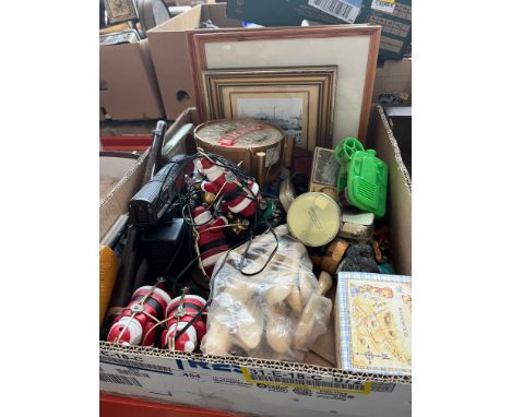 A mixed box to include prints, Hornby 00 diesel engine, Christmas marching band, card games, etc 