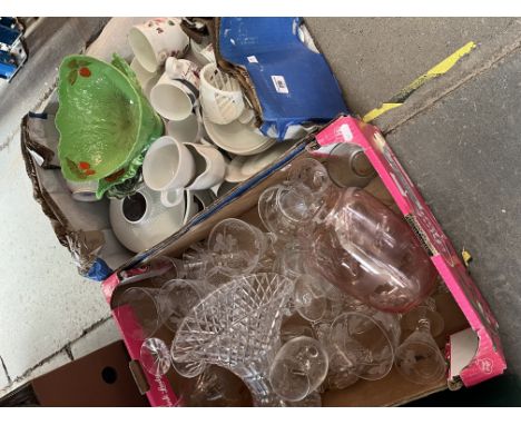 A box of mixed pottery to include Royal Doulton, Carltonware and a box of glassware. 