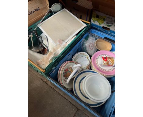 A crate of mixed ceramics and a crate including linen, treen, reading light, vintage tins etc 