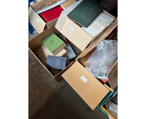 Three boxes of books including vintage annuals and reference books, and a box of toys, games, and cigarette/tea cards 