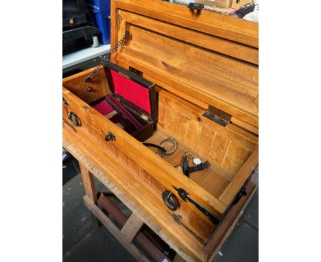 A wooden box containing a vintage jewellery box ( AF ) and various watches. 