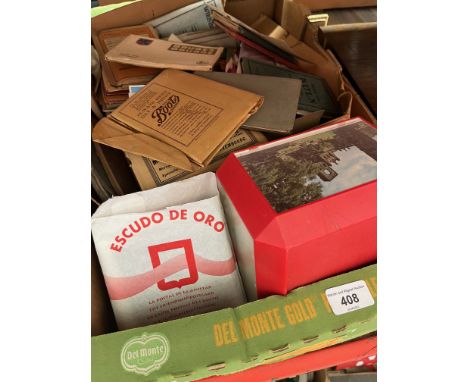 A box of vintage postcards, ephemera. 
