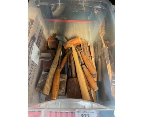 A box of vintage hand tools including plane, mallets, wood carving tools etc. 