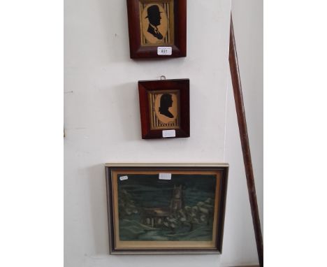 A pair of late 19th century silhouettes and a colour print. 