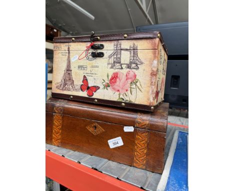 A vintage inlaid box and a set of three travel related boxes 